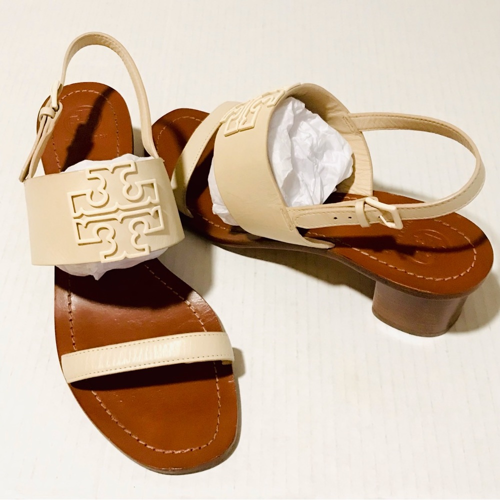 Tory Burch 36500 Ivory/Ivory Logo Sling Back Open Toe Block Heel Shoes Sz-10.5 M